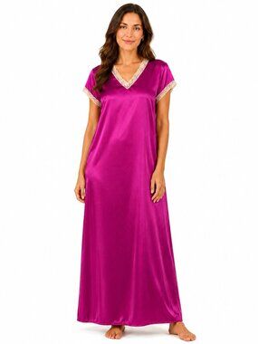 Women’s Magenta Satin Lace Trim V-Neck Maxi Nightgown Dress, M